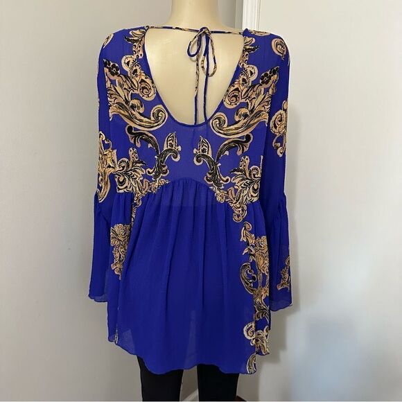 Free People Intimately Size Small Royal Blue Gold Sheer Dress Cover Up Oversized - Picture 7 of 9